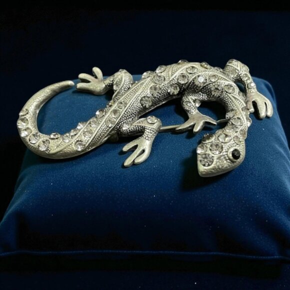Vintage Silver Tone Rhinestone Lizard Brooch Pin 3 in, Gecko - Picture 8 of 11